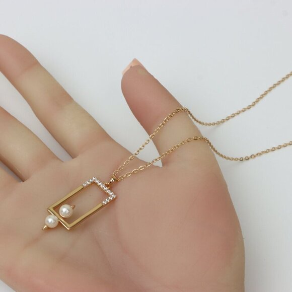 Geometric Pearl Drop Rose Gold Necklace, XPNL0212 - Picture 3 of 13